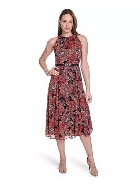 NWT Tommy Hilfiger Paisley Maxi Dress Size 16 Red Black Belted Boho